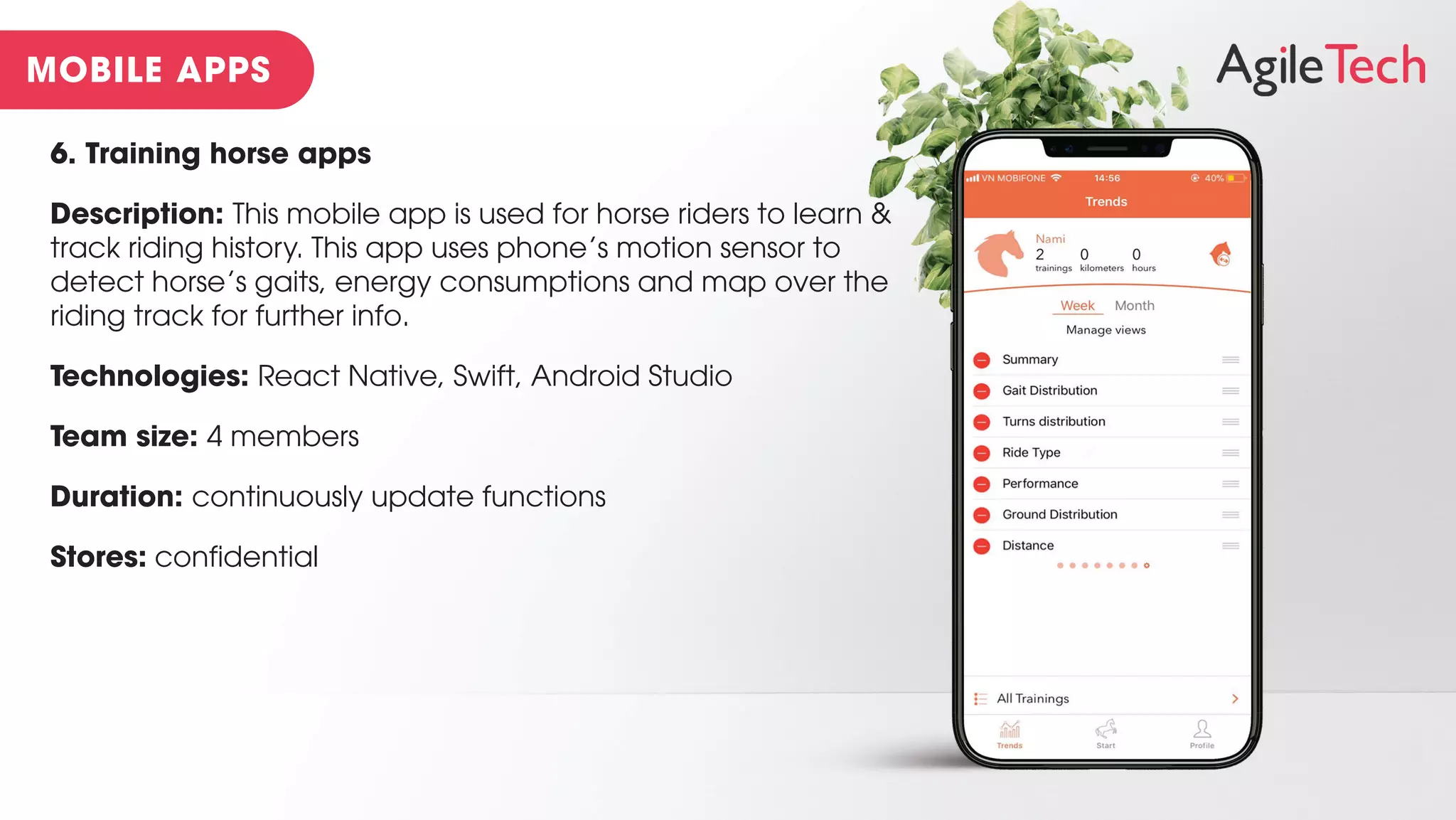 6. Training horse apps
Description: This mobile app is used for horse riders to learn &
track riding history. This app uses phone’s motion sensor to
detect horse’s gaits, energy consumptions and map over the
riding track for further info.
Technologies: React Native, Swift, Android Studio
Team size: 4 members
Duration: continuously update functions
Stores: confidential
 
