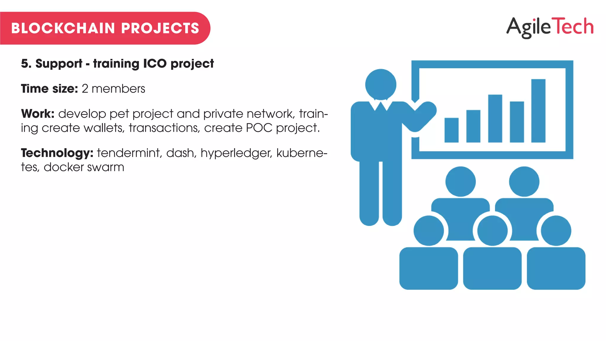 5. Support - training ICO project
Time size: 2 members
Work: develop pet project and private network, train-
ing create wallets, transactions, create POC project.
Technology: tendermint, dash, hyperledger, kuberne-
tes, docker swarm
 