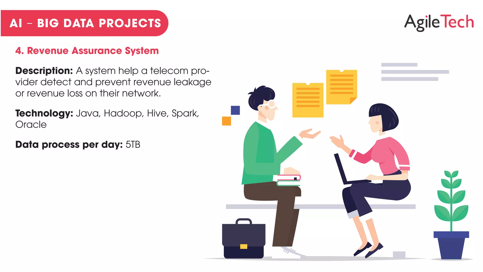 4. Revenue Assurance System
Description: A system help a telecom pro-
vider detect and prevent revenue leakage
or revenue loss on their network.
Technology: Java, Hadoop, Hive, Spark,
Oracle
Data process per day: 5TB
 
