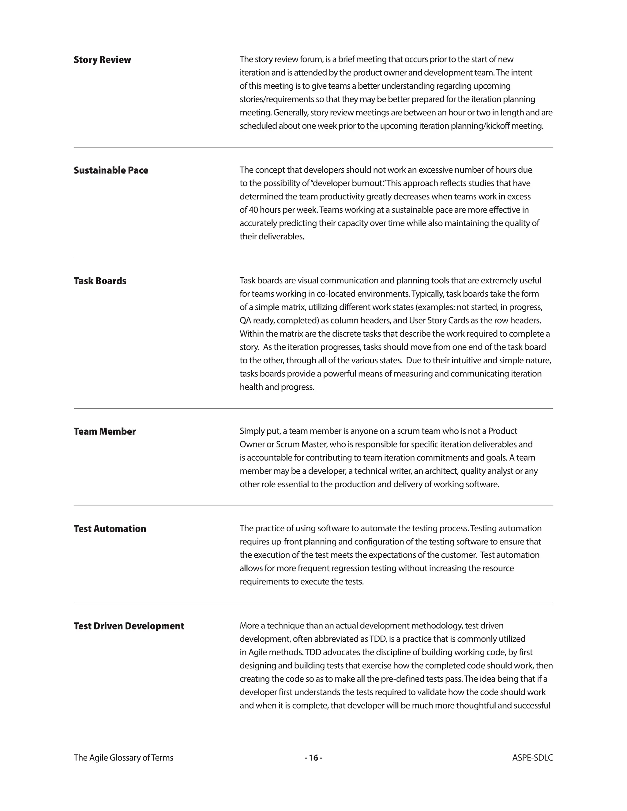 The Agile Glossary ofTerms -16- ASPE-SDLC
The story review forum, is a brief meeting that occurs prior to the start of new
iteration and is attended by the product owner and development team.The intent
of this meeting is to give teams a better understanding regarding upcoming
stories/requirements so that they may be better prepared for the iteration planning
meeting. Generally, story review meetings are between an hour or two in length and are
scheduled about one week prior to the upcoming iteration planning/kickoff meeting.
Story Review
The concept that developers should not work an excessive number of hours due
to the possibility of“developer burnout.”This approach reflects studies that have
determined the team productivity greatly decreases when teams work in excess
of 40 hours per week.Teams working at a sustainable pace are more effective in
accurately predicting their capacity over time while also maintaining the quality of
their deliverables.
Sustainable Pace
Task boards are visual communication and planning tools that are extremely useful
for teams working in co-located environments.Typically, task boards take the form
of a simple matrix, utilizing different work states (examples: not started, in progress,
QA ready, completed) as column headers, and User Story Cards as the row headers.
Within the matrix are the discrete tasks that describe the work required to complete a
story. As the iteration progresses, tasks should move from one end of the task board
to the other, through all of the various states. Due to their intuitive and simple nature,
tasks boards provide a powerful means of measuring and communicating iteration
health and progress.
Task Boards
Simply put, a team member is anyone on a scrum team who is not a Product
Owner or Scrum Master, who is responsible for specific iteration deliverables and
is accountable for contributing to team iteration commitments and goals. A team
member may be a developer, a technical writer, an architect, quality analyst or any
other role essential to the production and delivery of working software.
Team Member
The practice of using software to automate the testing process.Testing automation
requires up-front planning and configuration of the testing software to ensure that
the execution of the test meets the expectations of the customer. Test automation
allows for more frequent regression testing without increasing the resource
requirements to execute the tests.
Test Automation
More a technique than an actual development methodology, test driven
development, often abbreviated asTDD, is a practice that is commonly utilized
in Agile methods.TDD advocates the discipline of building working code, by first
designing and building tests that exercise how the completed code should work, then
creating the code so as to make all the pre-defined tests pass.The idea being that if a
developer first understands the tests required to validate how the code should work
and when it is complete, that developer will be much more thoughtful and successful
Test Driven Development
 