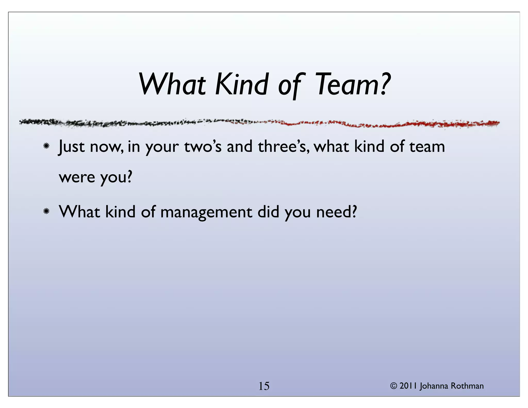What Kind of Team?
Just now, in your two’s and three’s, what kind of team
were you?
What kind of management did you need?




                           15                 © 2011 Johanna Rothman
 