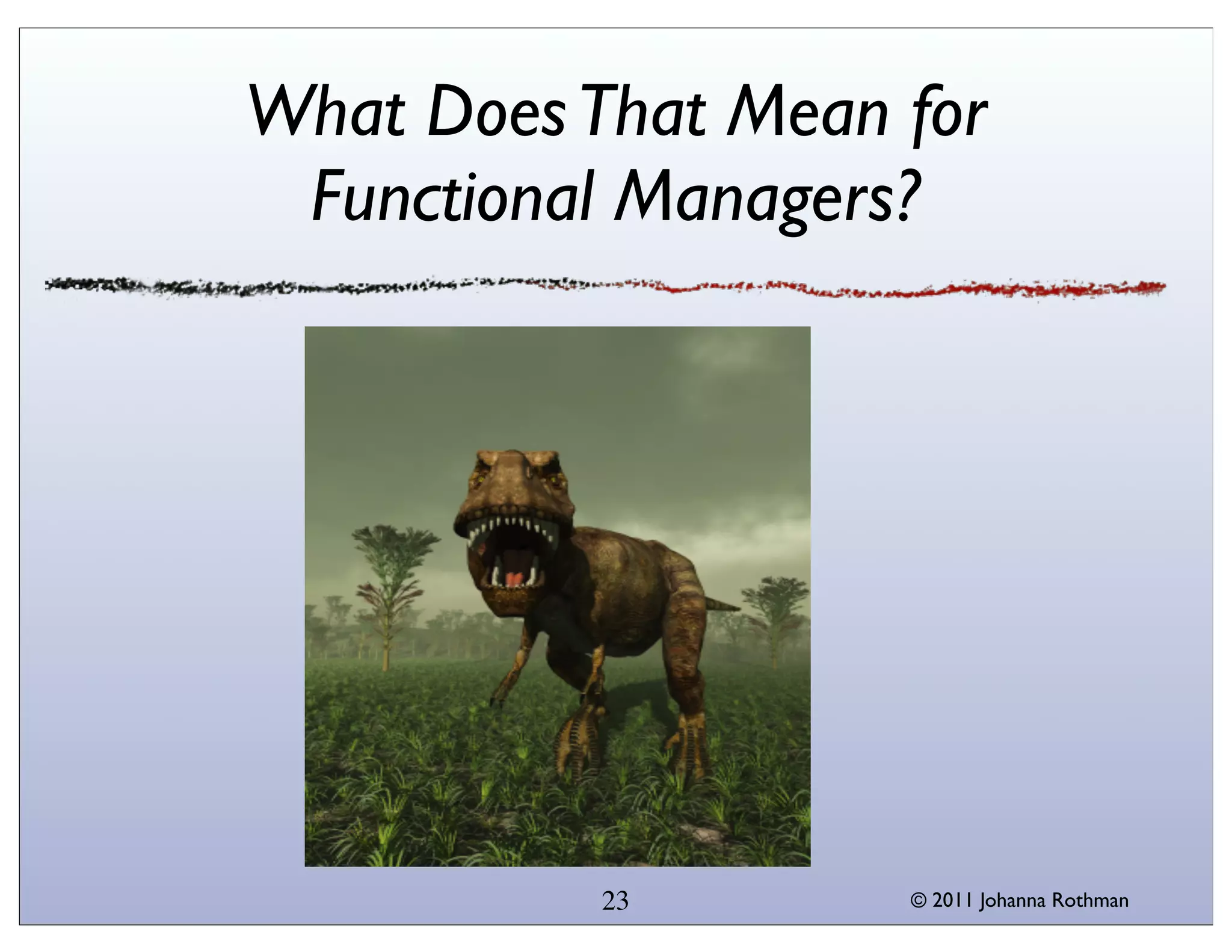 What Does That Mean for
 Functional Managers?




           23       © 2011 Johanna Rothman
 