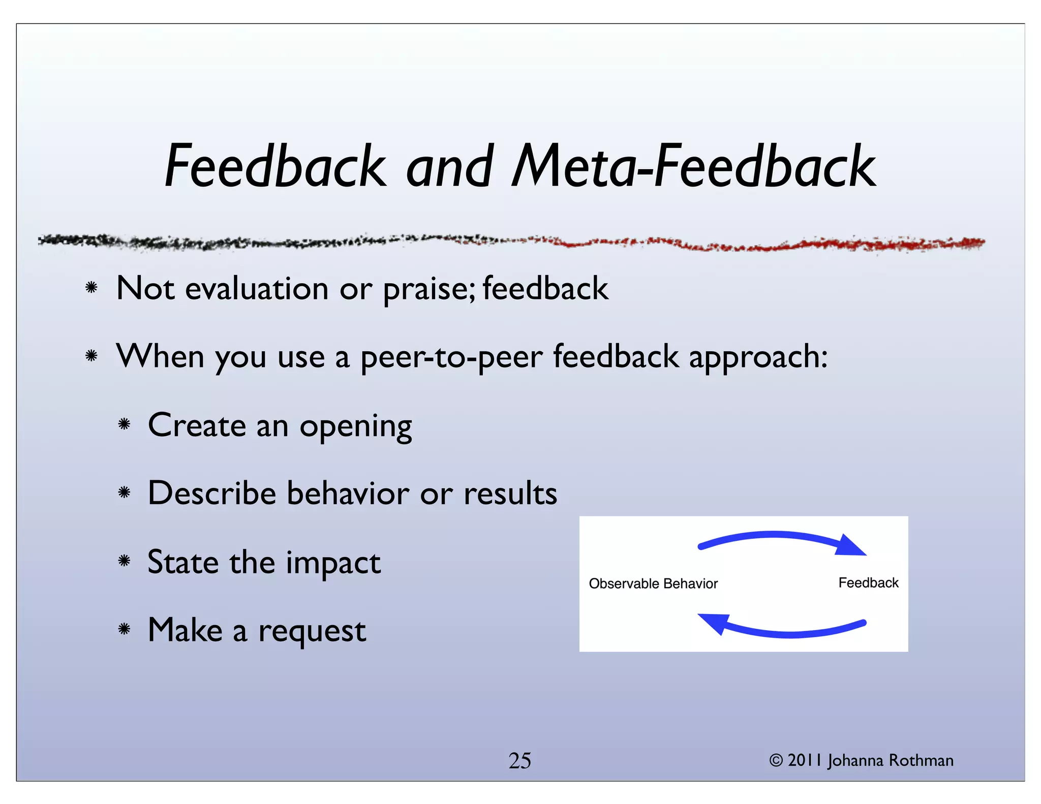 Feedback and Meta-Feedback
Not evaluation or praise; feedback
When you use a peer-to-peer feedback approach:
  Create an opening
  Describe behavior or results
  State the impact
  Make a request


                           25             © 2011 Johanna Rothman
 