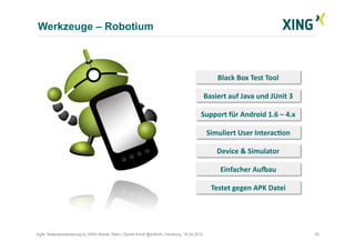 Werkzeuge – Robotium
20Agile Testautomatisierung im XING Mobile Team | Daniel Knott @dnlkntt | Hamburg, 16.04.2012
Black	
  Box	
  Test	
  Tool	
  
Basiert	
  auf	
  Java	
  und	
  JUnit	
  3	
  
Support	
  für	
  Android	
  1.6	
  –	
  4.x	
  
Simuliert	
  User	
  InteracVon	
  
Einfacher	
  AuWau	
  
Device	
  &	
  Simulator	
  
Testet	
  gegen	
  APK	
  Datei	
  
 
