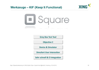 Werkzeuge – KIF (Keep It Functional)
26Agile Testautomatisierung im XING Mobile Team | Daniel Knott @dnlkntt | Hamburg, 16...