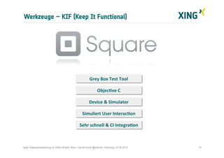 Werkzeuge – KIF (Keep It Functional)
19Agile Testautomatisierung im XING Mobile Team | Daniel Knott @dnlkntt | Hamburg, 07.09.2012
Grey	
  Box	
  Test	
  Tool	
  
ObjecIve	
  C	
  
Device	
  &	
  Simulator	
  
Simuliert	
  User	
  InteracIon	
  
Sehr	
  schnell	
  &	
  CI	
  IntegraIon	
  
 