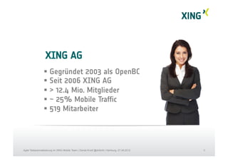 3Agile Testautomatisierung im XING Mobile Team | Daniel Knott @dnlkntt | Hamburg, 07.09.2012
XING AG
§  Gegründet 2003 als OpenBC
§  Seit 2006 XING AG
§  > 12.4 Mio. Mitglieder
§  ~ 25% Mobile Traffic
§  519 Mitarbeiter
 
