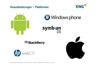 Herausforderungen – Plattformen
8Agile Testautomatisierung im XING Mobile Team | Daniel Knott @dnlkntt | Hamburg, 07.09.2012
 