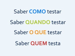 Saber	
  COMO	
  testar
Saber	
  QUANDO	
  testar
Saber	
  O	
  QUE	
  testar
Saber	
  QUEM	
  testa
 