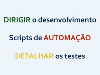 DIRIGIR	
  o	
  desenvolvimento
Scripts	
  de	
  AUTOMAÇÃO
DETALHAR	
  os	
  testes
 