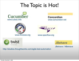 The Topic is Hot!

              www.cukes.info                              www.concordion.net




                      ...