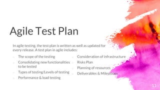 Agile Test Plan
o The scope of the testing
o Consolidating new functionalities
to be tested
o Types of testing/Levels of testing
o Performance & load testing
In agile testing, the test plan is written as well as updated for
every release. A test plan in agile includes:
11
o Consideration of infrastructure
o Risks Plan
o Planning of resources
o Deliverables & Milestones
 