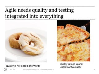Agile needs quality and testing
integrated into everything
16.6.2014 © Copyright Knowit Oy 2014 | Confidential | Version 1.0 9
Quality is not added afterwords
Quality is built in and
tested continuously
 