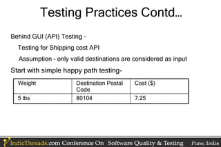 Testing Practices Contd…
Behind GUI (API) Testing –
  Testing for Shipping cost API
  Assumption – only valid destinations are considered as input
Start with simple happy path testing-
  Weight              Destination Postal   Cost ($)
                      Code
  5 lbs               80104                7.25
 