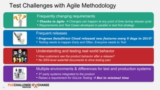 16
Test Challenges with Agile Methodology
Frequently changing requirements
•Thanks to Agile  Changes can happen at any point of time during release cycle
• Requirements and Test Cases developed in parallel or test first strategy
Frequent releases
•Progress DataDirect Cloud released new features every 9 days in 2015*
• Testing needs to happen Early and Often, Everyone needs to Test
Understanding and testing real world behavior
• How customers see the product behavior after a release?
• No SRS-level waterfall documents to drive testing plan
Multiple environments & differences for test and production systems
• 3rd party systems integrated to the product
• Raises a requirement for GoLive Testing  But in minimal time
 