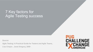 8
7 Key factors for
Agile Testing success
Source:
Agile Testing: A Practical Guide for Testers and Agile Teams,
Lisa Crispin , Janet Gregory, 2009
 