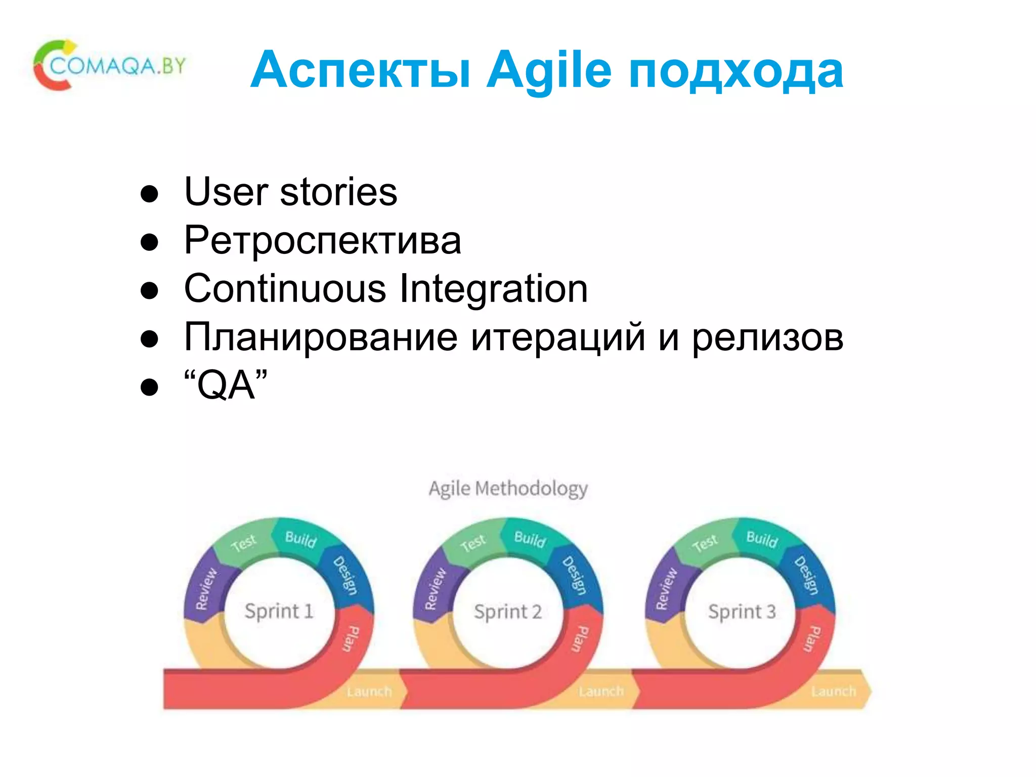 Аспекты Agile подхода
● User stories
● Ретроспектива
● Continuous Integration
● Планирование итераций и релизов
● “QA”
 