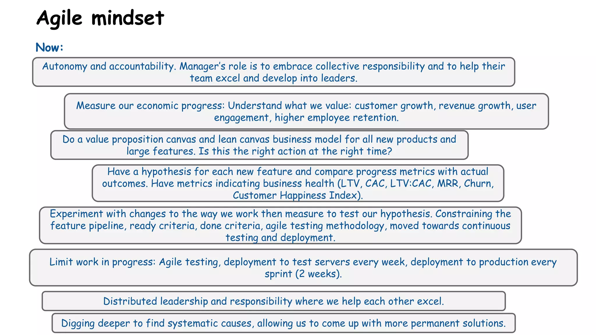Agile mindset
Now:
Autonomy and accountability. Manager’s role is to embrace collective responsibility and to help their
team excel and develop into leaders.
Measure our economic progress: Understand what we value: customer growth, revenue growth, user
engagement, higher employee retention.
Do a value proposition canvas and lean canvas business model for all new products and
large features. Is this the right action at the right time?
Have a hypothesis for each new feature and compare progress metrics with actual
outcomes. Have metrics indicating business health (LTV, CAC, LTV:CAC, MRR, Churn,
Customer Happiness Index).
Experiment with changes to the way we work then measure to test our hypothesis. Constraining the
feature pipeline, ready criteria, done criteria, agile testing methodology, moved towards continuous
testing and deployment.
Limit work in progress: Agile testing, deployment to test servers every week, deployment to production every
sprint (2 weeks).
Distributed leadership and responsibility where we help each other excel.
Digging deeper to find systematic causes, allowing us to come up with more permanent solutions.
 