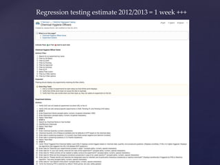 Regression testing estimate 2012/2013 = 1 week +++
 