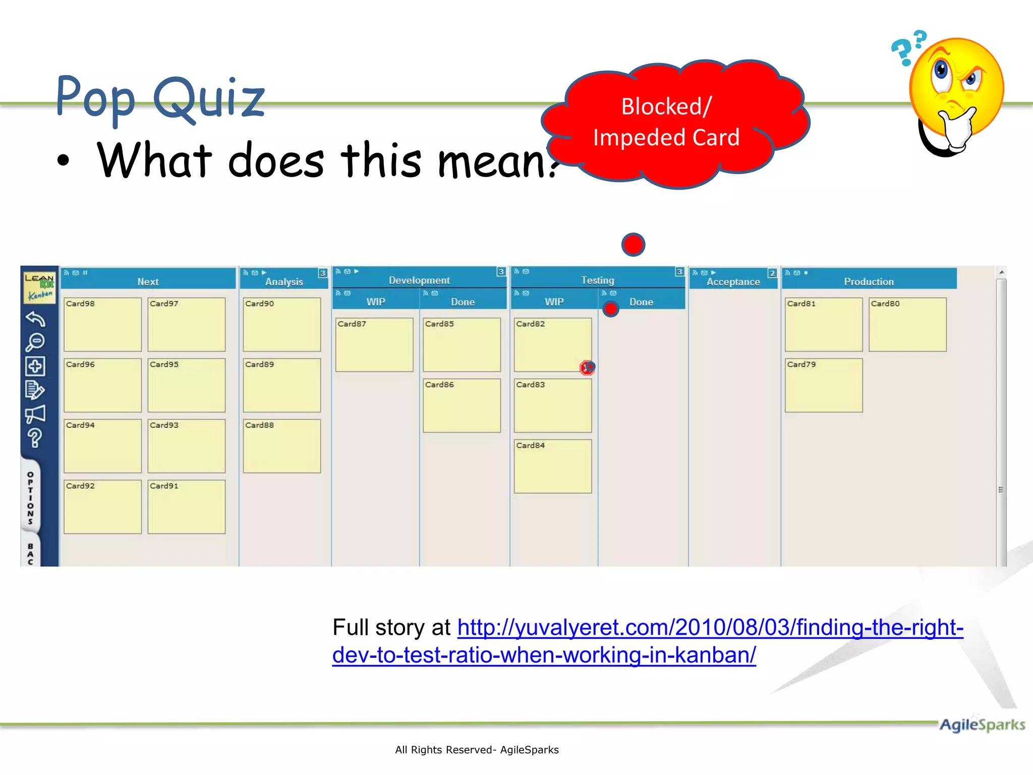 Pop Quiz                                              Blocked/

• What does this mean?
                                                    Impeded Card




           Full story at http://yuvalyeret.com/2010/08/03/finding-the-right-
           dev-to-test-ratio-when-working-in-kanban/


                 All Rights Reserved- AgileSparks
 