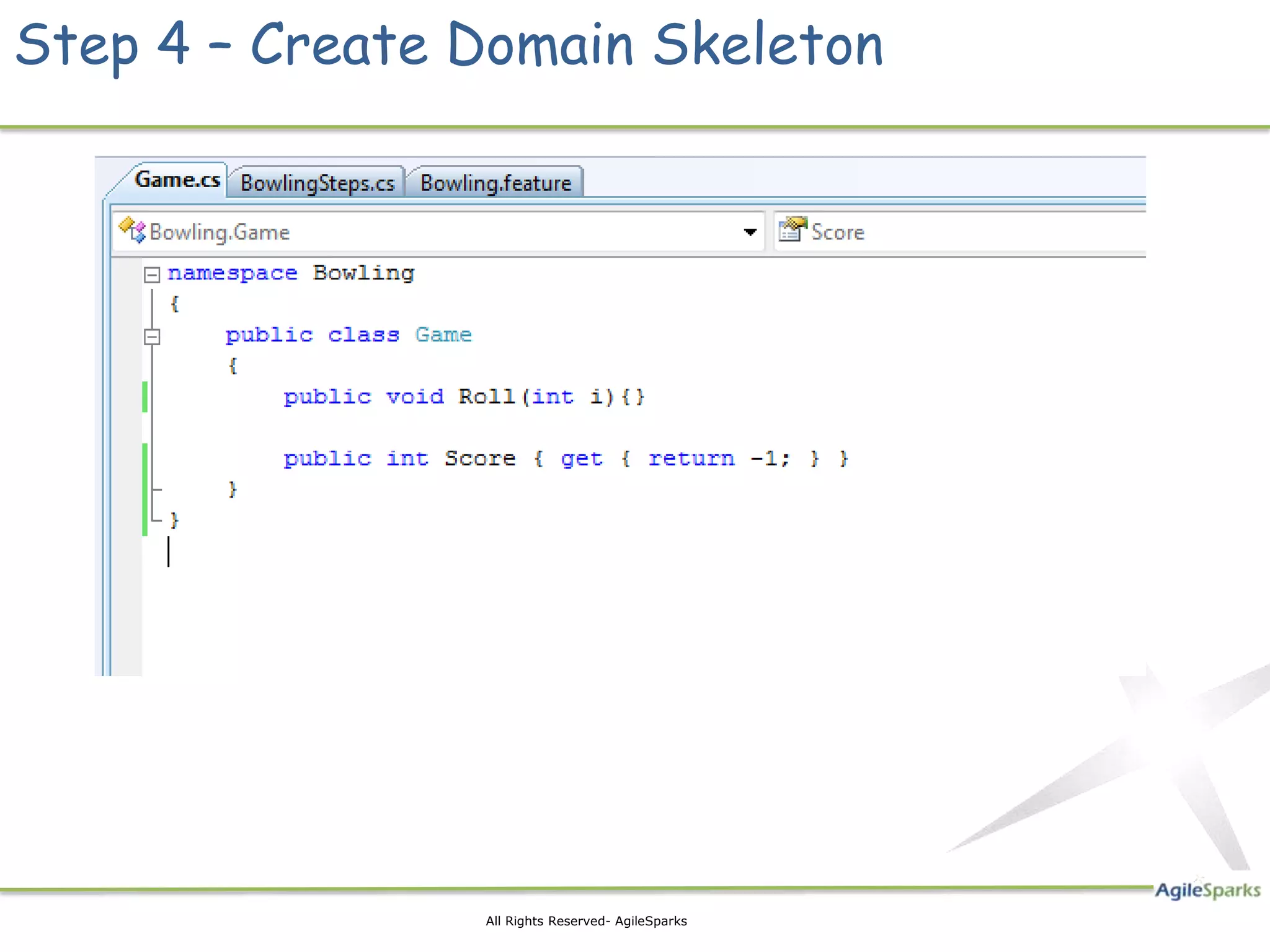 Step 4 – Create Domain Skeleton




                All Rights Reserved- AgileSparks
 