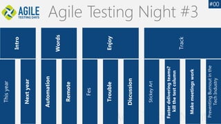 #00
Agile Testing Night #3
Agile Testing Night #3
Trouble
Discussion
Fasterdeliveringteams?
killthetestcolumn
Makemeetingswork
Thisyear
Automation
Remote
Fes
Words
StickeyArt
PreventingBurnoutinthe
TechIndustry
Enjoy
Track
Nextyear
Intro
 