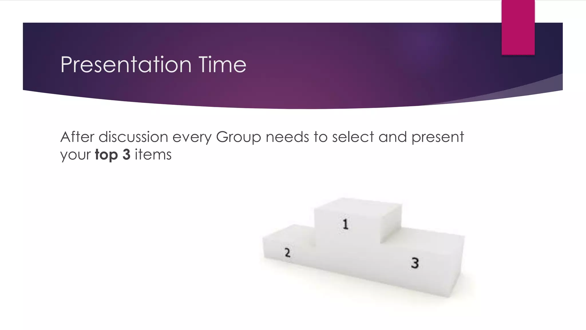 Presentation Time
After discussion every Group needs to select and present
your top 3 items
 
