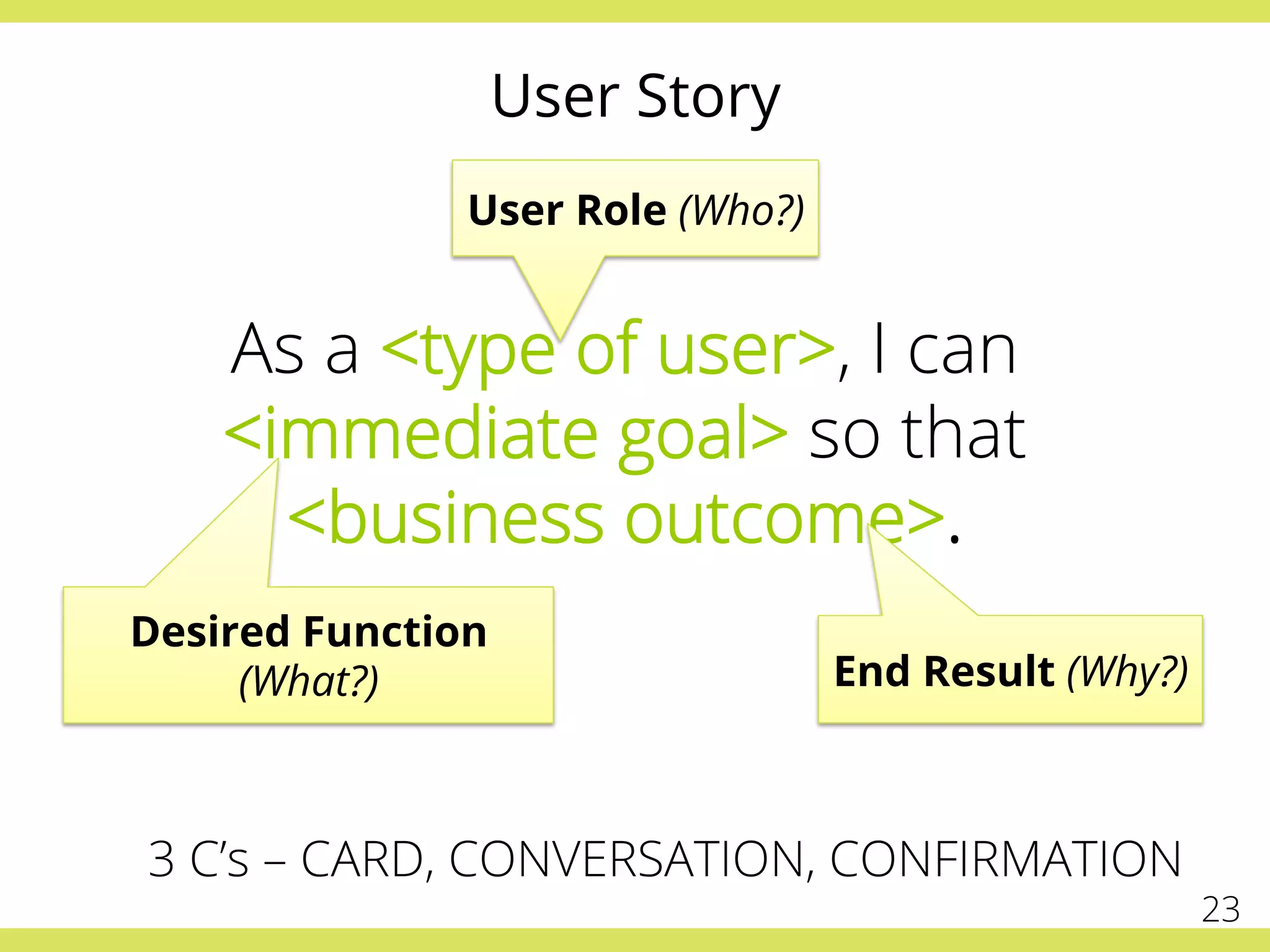 User Story
As a <type of user>, I can
<immediate goal> so that
<business outcome>.
User Role (Who?)
Desired Function
(What?) End Result (Why?)
23
3 C’s – CARD, CONVERSATION, CONFIRMATION
 