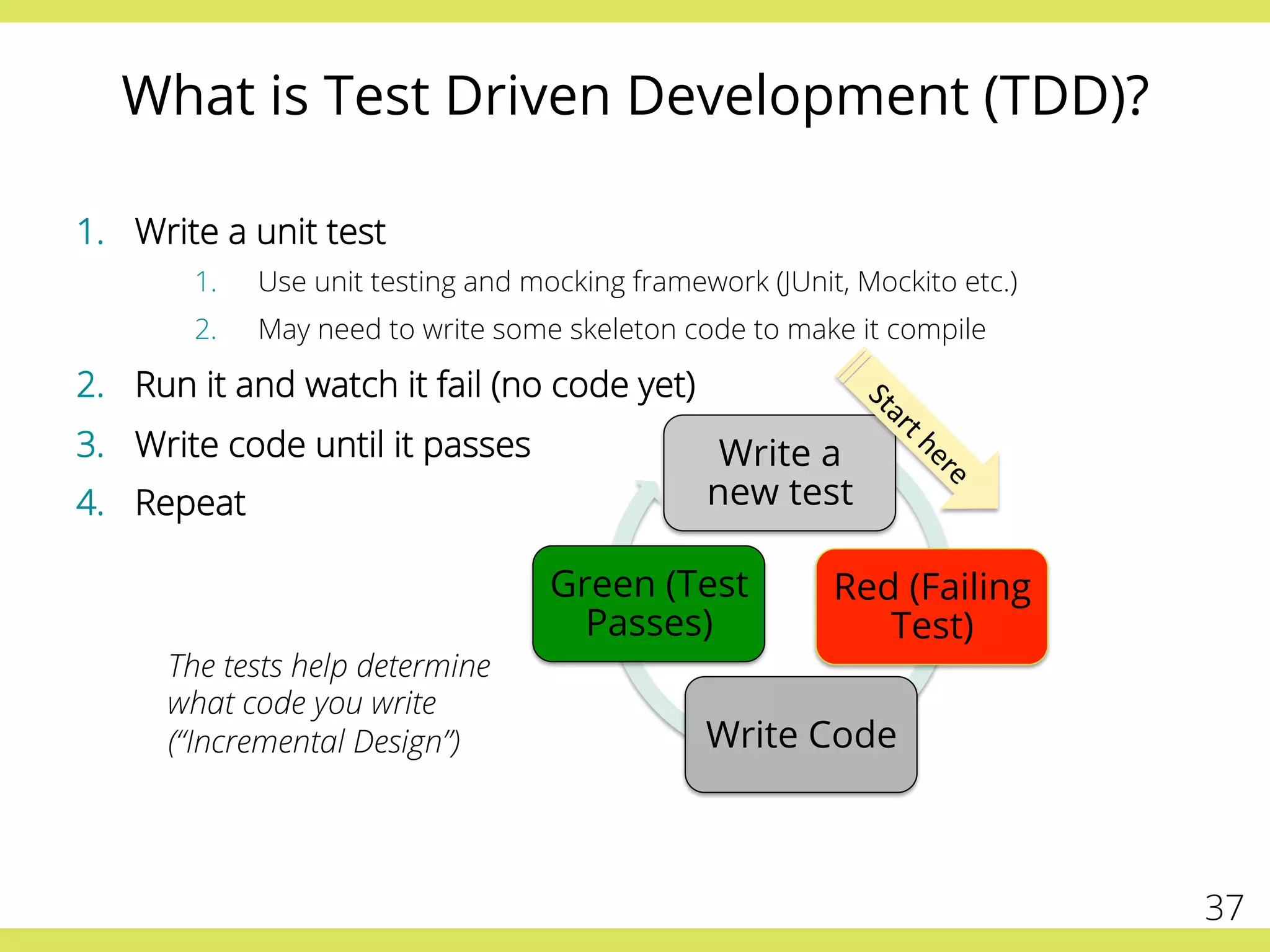 What is Test Driven Development (TDD)?
1.  Write a unit test
1.  Use unit testing and mocking framework (JUnit, Mockito etc.)
2.  May need to write some skeleton code to make it compile
2.  Run it and watch it fail (no code yet)
3.  Write code until it passes
4.  Repeat
37
Write a
new test
Red (Failing
Test)
Write Code
Green (Test
Passes)
The tests help determine
what code you write
(“Incremental Design”)
 