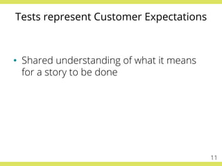 Tests represent Customer Expectations
•  Shared understanding of what it means
for a story to be done
11
 