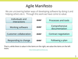 Agile Manifesto
Individuals and
interactions
Processes and toolsover
Working software
Comprehensive
documentation
over
Customer collaboration Contract negotiationover
Responding to change Following a planover
That is, while there is value in the items on the right, we value the items on the left
more.
We are uncovering better ways of developing software by doing it and
helping others do it. Through this work we have come to value:
http://www.agilemanifesto.org
3
 