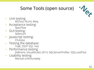 Some Tools (open source)
•  Unit testing:
MSTest, NUnit, Moq
•  Acceptance testing:
SpecFlow
•  GUI testing:
Selenium
•  Javascript testing:
Chutzpa
•  Testing the database:
Tsqlt, SSDT SQL Test
•  Performance testing:
JetBrains, VisualStudio 2013, SQLServerProﬁler, SQLLoadTest
•  Usability testing:
Manual unfortunately
55
 