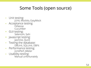 Some Tools (open source)
•  Unit testing:
JUnit, Mockito, EasyMock
•  Acceptance testing:
FitNesse
Cucumber
•  GUI testing:
Selenium, Sahi
•  Javascript testing:
Jasmine, Qunit
•  Testing the database:
DBUnit, SQLUnit, DBFit
•  Performance testing:
JUnitPerf, JMeter
•  Usability testing:
Manual unfortunately
54
 