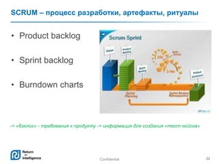 Confidential 22
SCRUM – процесс разработки, артефакты, ритуалы
• Product backlog
• Sprint backlog
• Burndown charts
-> «бэклог» - требования к продукту -> информация для создания «тест кейсов»
 