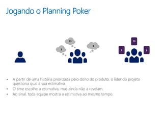 Jogando o Planning Poker
• A partir de uma história priorizada pelo dono do produto, o líder do projeto
questiona qual a sua estimativa.
• O time escolhe a estimativa, mas ainda não a revelam.
• Ao sinal, toda equipe mostra a estimativa ao mesmo tempo.
5
13
5
5
13
5
 