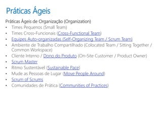 Práticas Ágeis
Práticas Ágeis de Organização (Organization)
• Times Pequenos (Small Team)
• Times Cross-Funcionais (Cross-Functional Team)
• Equipes Auto-organizadas (Self-Organizing Team / Scrum Team)
• Ambiente de Trabalho Compartilhado (Colocated Team / Sitting Together /
Common Workspace)
• Cliente Interno / Dono do Produto (On-Site Customer / Product Owner)
• Scrum Master
• Ritmo Sustentável (Sustainable Pace)
• Mude as Pessoas de Lugar (Move People Around)
• Scrum of Scrums
• Comunidades de Prática (Communities of Practices)
 