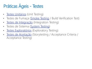 Práticas Ágeis - Testes
• Testes Unitários (Unit Testing)
• Testes de Fumaça (Smoke Testing / Build Verification Test)
• Testes de Integração (Integration Testing)
• Testes de Sistema (System Testing)
• Testes Exploratórios (Exploratory Testing)
• Testes de Aceitação (Storytesting / Acceptance Criteria /
Acceptance Testing)
 