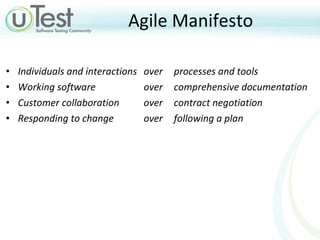 Agile Manifesto Individuals and interactions  over  processes and tools Working software  over  comprehensive documentation Customer collaboration  over  contract negotiation Responding to change  over  following a plan 