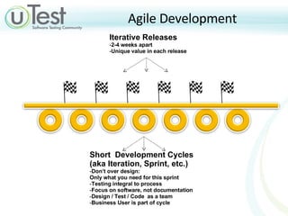 Agile Development Short  Development Cycles (aka Iteration, Sprint, etc.) Don’t over design:  Only what you need for this sprint Testing integral to process Focus on software, not documentation Design / Test / Code  as a team Business User is part of cycle Iterative Releases 2-4 weeks apart Unique value in each release 