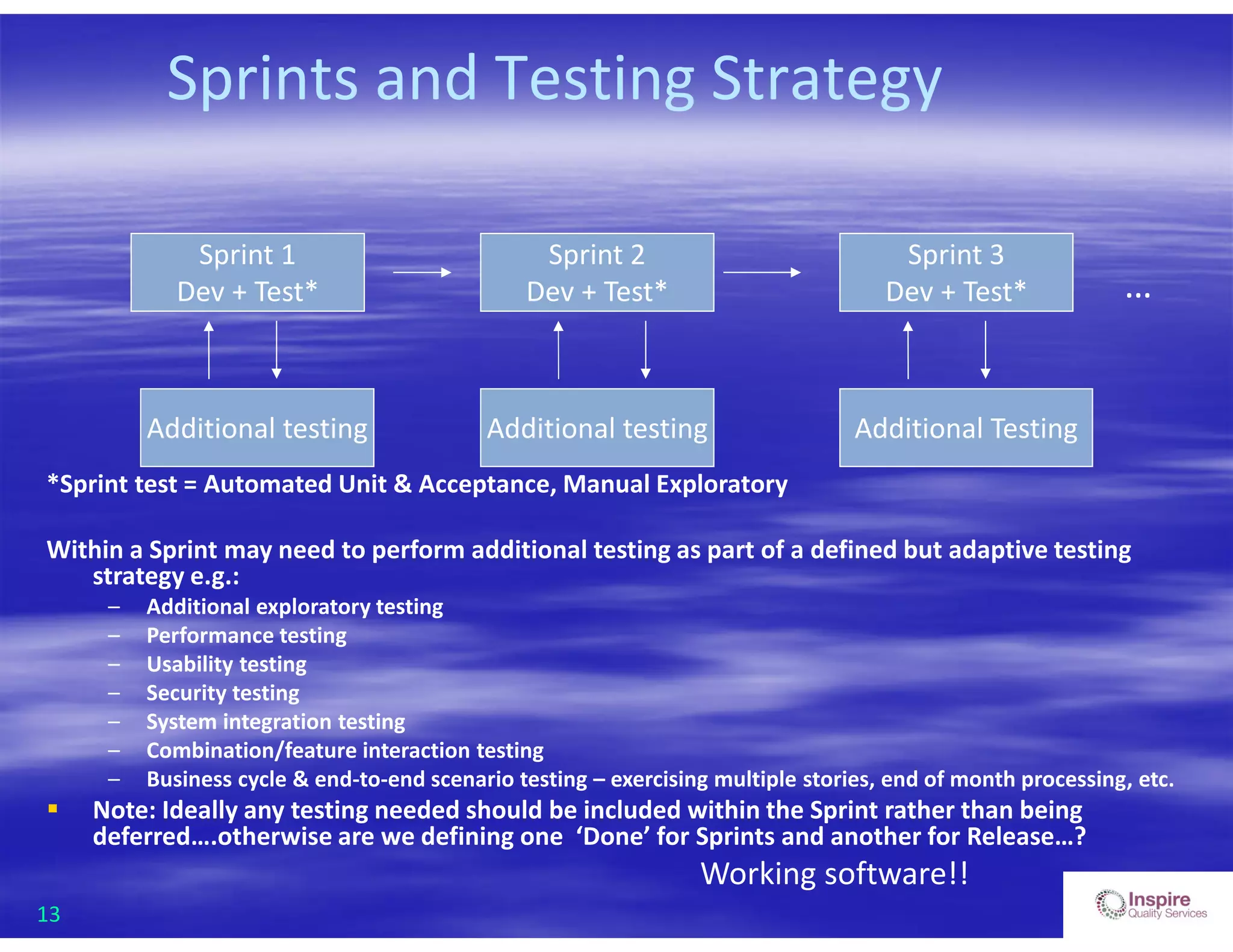 13
Sprints and Testing Strategy
Sprint 1
Dev + Test*
Sprint 2
Dev + Test*
Sprint 3
Dev + Test*
Additional testing Additional Testing
*Sprint test = Automated Unit & Acceptance, Manual Exploratory
Within a Sprint may need to perform additional testing as part of a defined but adaptive testing
strategy e.g.:
– Additional exploratory testing
– Performance testing
– Usability testing
– Security testing
– System integration testing
– Combination/feature interaction testing
– Business cycle & end-to-end scenario testing – exercising multiple stories, end of month processing, etc.
 Note: Ideally any testing needed should be included within the Sprint rather than being
deferred….otherwise are we defining one ‘Done’ for Sprints and another for Release…?
Working software!!
Additional testing
…
 