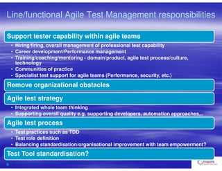 6
Line/functional Agile Test Management responsibilities
Support tester capability within agile teams
• Hiring/firing, overall management of professional test capability
• Career development/Performance management
• Training/coaching/mentoring - domain/product, agile test process/culture,
technology
• Communities of practice
• Specialist test support for agile teams (Performance, security, etc.)
Remove organizational obstacles
Agile test strategy
• Integrated whole team thinking
• Supporting overall quality e.g. supporting developers, automation approaches,..
Agile test process
• Test practices such as TDD
• Test role definition
• Balancing standardisation/organisational improvement with team empowerment?
Test Tool standardisation?
 