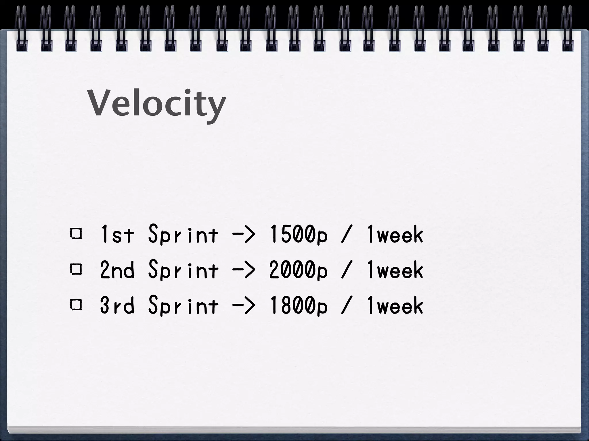Velocity


1st Sprint -> 1500p / 1week
2nd Sprint -> 2000p / 1week
3rd Sprint -> 1800p / 1week
 