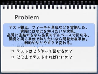 Problem
 テスト観点、フィーチャ単位などを実施した。
    実際にはなにを知りたいか次第。
   テスト観点ってなに？
品質に直結するなら品質モデルベースで区切る。
 開発と同じ単位で知りたいなら開発対象単位。
   テストの見積もりが難しい。。。
     制約ややりやすさで変わる。
   品質ってなに？
  テストはどうやって区切るの？
  どこまでテストすればいいの？
 