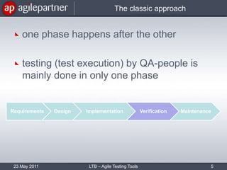 The classic approachone phase happens after the othertesting (test execution) by QA-people is mainly done in only one phase23 May 2011LTB – Agile Testing Tools5