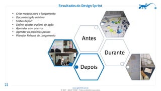 www.agilethink.com.br
© 2017 – AGILE THINK®. Todos os direitos reservados
22
Depois
Durante
Antes
• Criar modelo para o lançamento
• Documentação mínima
• Status Report
• Definir ajustes e plano de ação
• Aprender com os erros
• Agendar os próximos passos
• Planejar Release de Lançamento
Resultados do Design Sprint
 