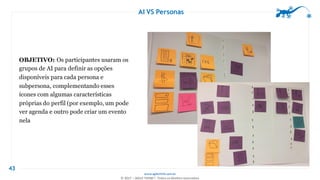 www.agilethink.com.br
© 2017 – AGILE THINK®. Todos os direitos reservados
AI VS Personas
43
OBJETIVO: Os participantes usaram os
grupos de AI para definir as opções
disponíveis para cada persona e
subpersona, complementando esses
ícones com algumas características
próprias do perfil (por exemplo, um pode
ver agenda e outro pode criar um evento
nela
 