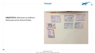 www.agilethink.com.br
© 2017 – AGILE THINK®. Todos os direitos reservados
Votação
46
OBJETIVO: Selecionar as melhores
ideias para serem desenvolvidas.
 