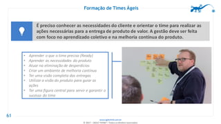 www.agilethink.com.br
© 2017 – AGILE THINK®. Todos os direitos reservados
61
Formação de Times Ágeis
Ser ágil é
• Aprender o que o time precisa (Ready)
• Aprender as necessidades do produto
• Atuar na eliminação de desperdícios
• Criar um ambiente de melhoria contínua
• Ter uma visão completa das entregas
• Utilizar a visão do produto para guiar as
ações
• Ter uma figura central para servir e garantir o
sucesso do time
É preciso conhecer as necessidades do cliente e orientar o time para realizar as
ações necessárias para a entrega de produto de valor. A gestão deve ser feita
com foco no aprendizado coletivo e na melhoria contínua do produto.
 