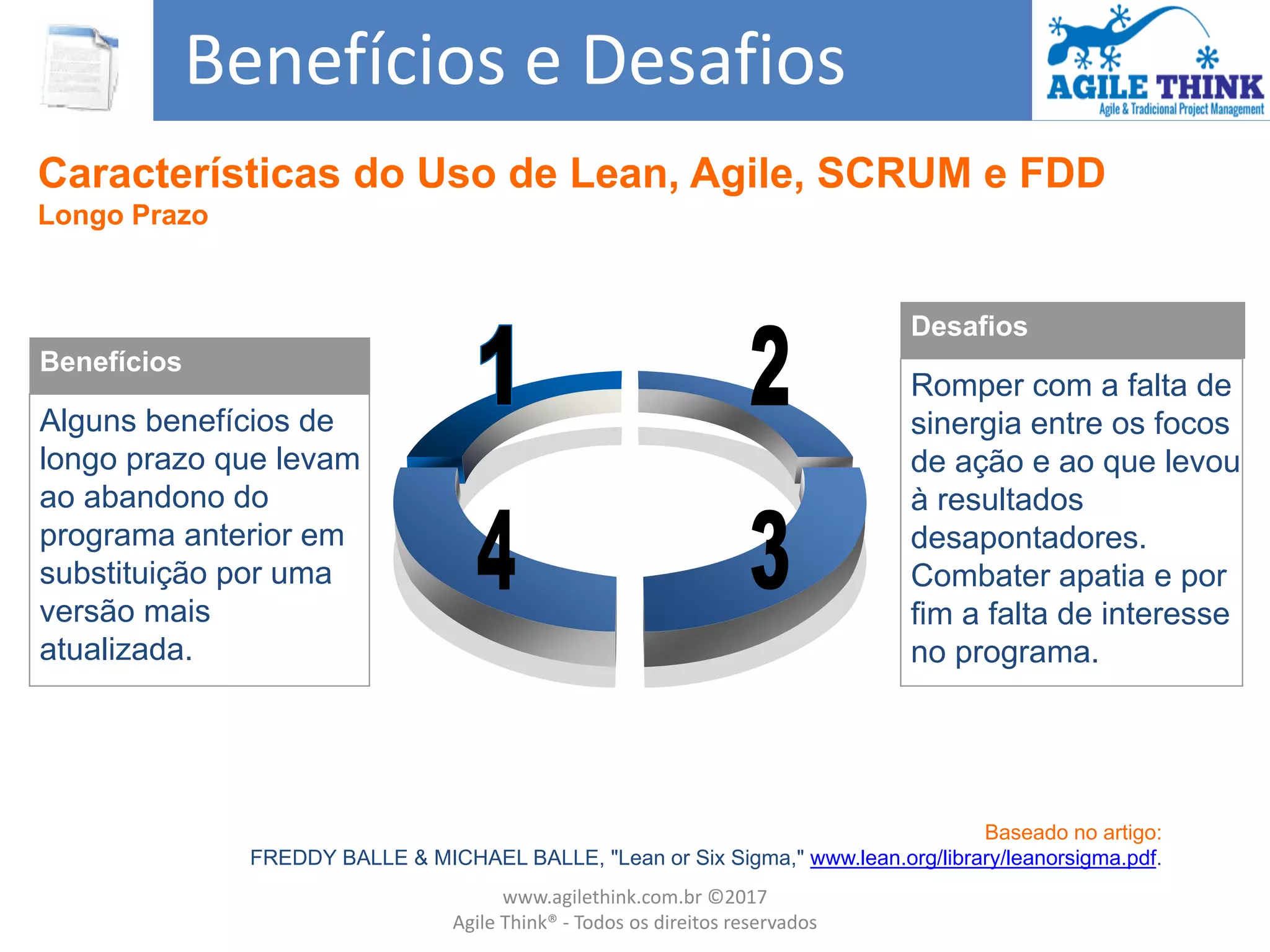 Desafios
Romper com a falta de
sinergia entre os focos
de ação e ao que levou
à resultados
desapontadores.
Combater apatia e por
fim a falta de interesse
no programa.
Benefícios
Alguns benefícios de
longo prazo que levam
ao abandono do
programa anterior em
substituição por uma
versão mais
atualizada.
Benefícios e Desafios
Baseado no artigo:
FREDDY BALLE & MICHAEL BALLE, "Lean or Six Sigma," www.lean.org/library/leanorsigma.pdf.
Características do Uso de Lean, Agile, SCRUM e FDD
Longo Prazo
www.agilethink.com.br ©2017
Agile Think® - Todos os direitos reservados
 