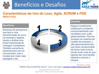 Baseado no artigo:
FREDDY BALLE & MICHAEL BALLE, "Lean or Six Sigma," www.lean.org/library/leanorsigma.pdf.
Desafios
Requer investimento
intelectual e constante
comprometimento com
resultados com o alto
gerenciamento. Para ter
sucesso na mudança de
modelo da empresa, o
alto gerenciamento tem
que estar comprometido
de forma mais incisiva,
sendo muito mais do que
apenas dar uma benção
distante e assinar o
cheque
Benefícios
Mudança de perspectiva,
que leva a uma
transformação de como
se enxerga o negócio,
sendo a análise uma
fonte fundamental de
vantagem competitiva.
Também aumenta as
barreiras para com os
concorrentes, pois o
modelo tem maior valor
agregado a ele.
Benefícios e Desafios
Características do Uso de Lean, Agile, SCRUM e FDD
Médio Prazo
www.agilethink.com.br ©2017
Agile Think® - Todos os direitos reservados
 